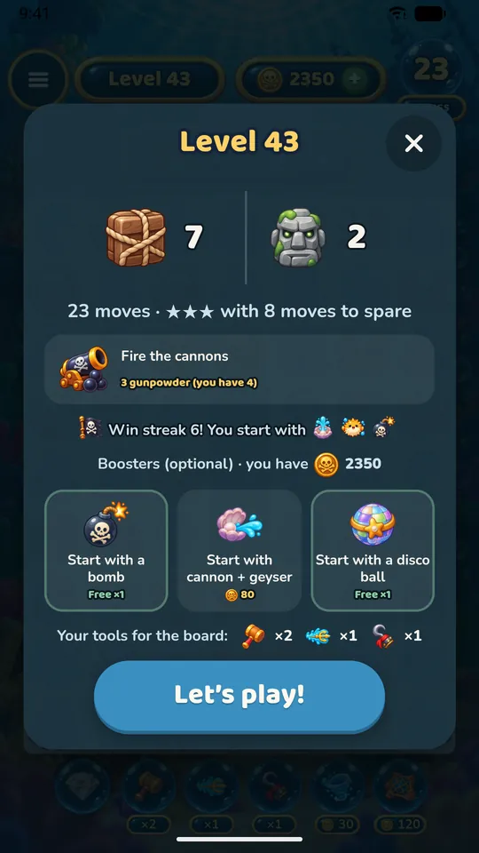 A level's start card: the goals, the moves and the boosters you can bring