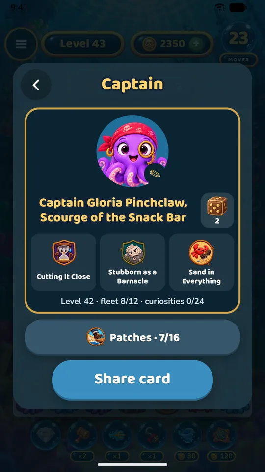 A captain card: an octopus pirate named Captain Gloria Pinchclaw, Scourge of the Snack Bar